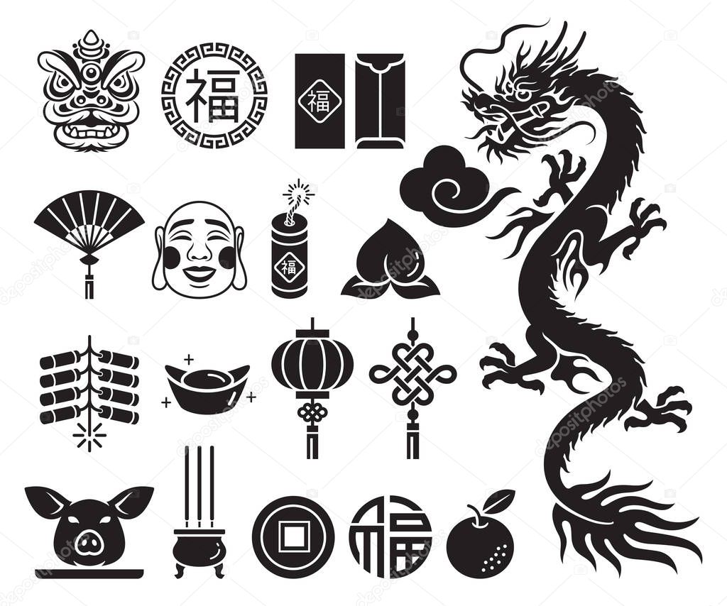 Chinese new year icons set. Vector llustrations.