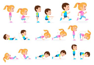 Kız ve erkek çocuk fitness egzersiz seti. Vektör çizim.