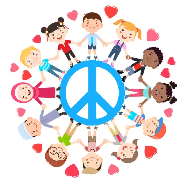 Çocuklar Barış Kavramsal Sever Çocuk Grupları Barış Işareti Etrafında Elele — Stok Vektör