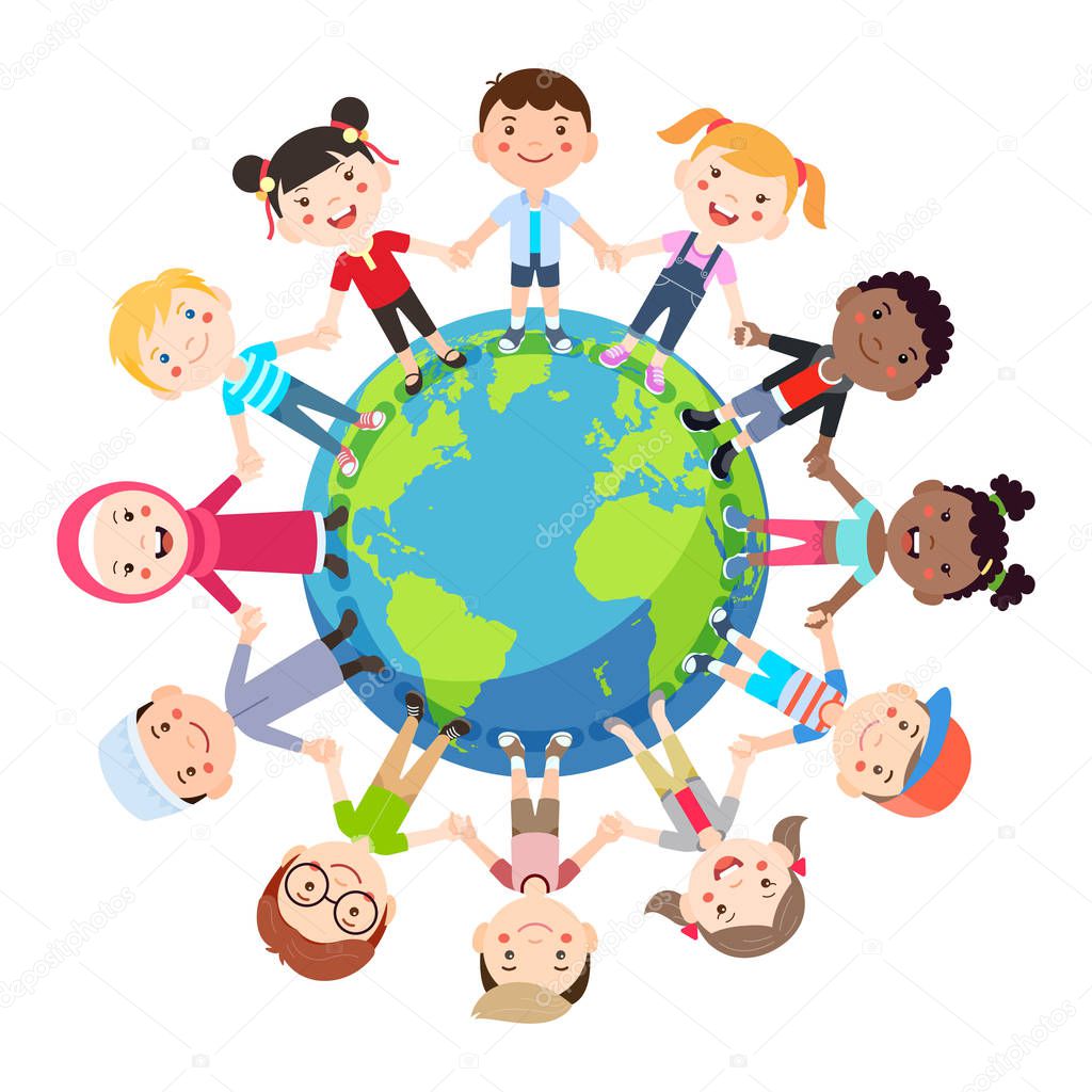 Kids love globe conceptual. Groups of children from all around the world join hands around the globe. Vector illustration.