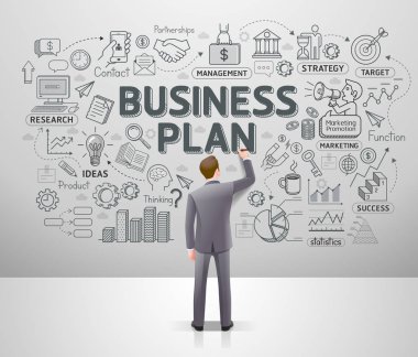 İşadamı duvar üzerinde iş fikri karalamalar çizim. Grafik