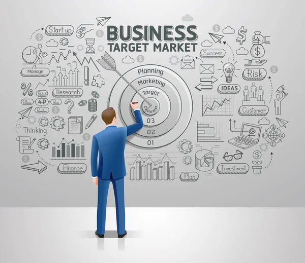 Uomo d'affari disegno idea di business target di mercato sul muro. Grafico — Vettoriale Stock