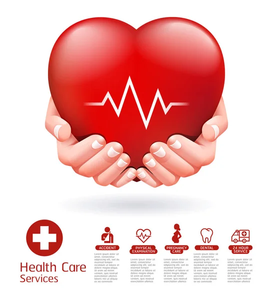 Two hands and red heart conceptual design. Health care service