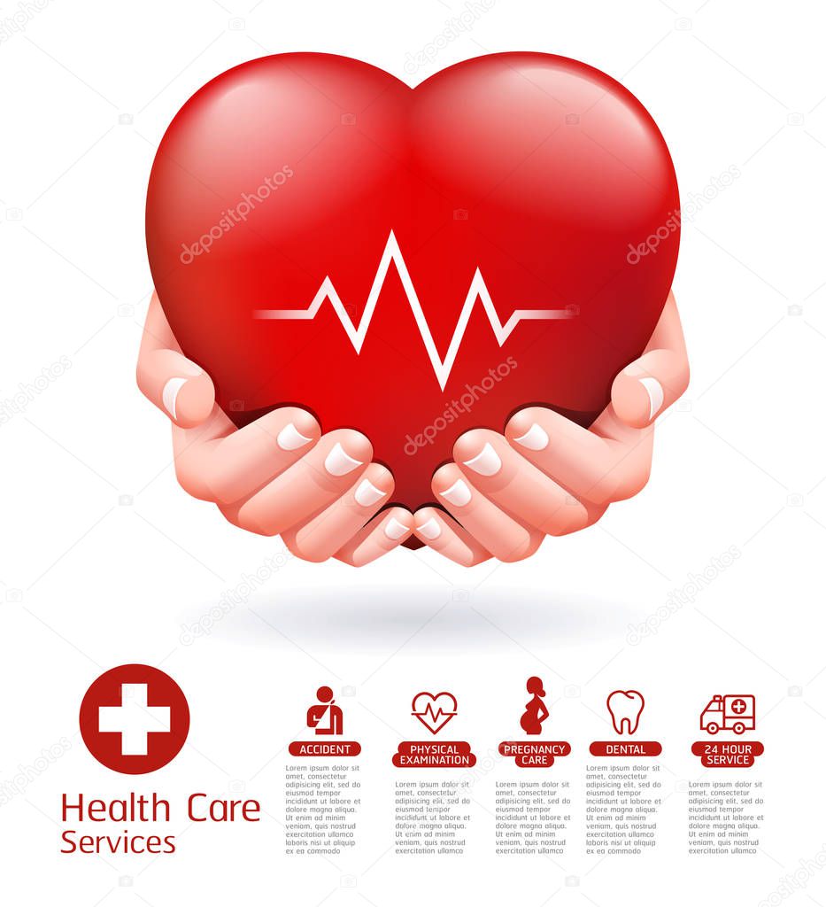 Two hands and red heart conceptual design. Health care service 