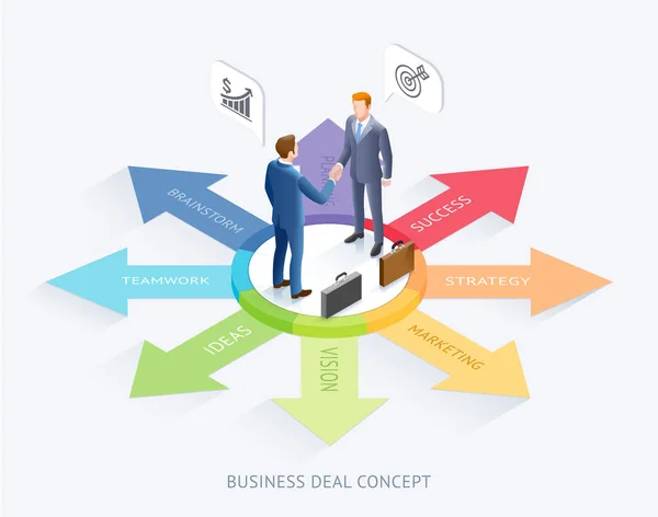 Poignée de main d'homme d'affaires ensemble sur fond infographie flèche supérieure — Image vectorielle