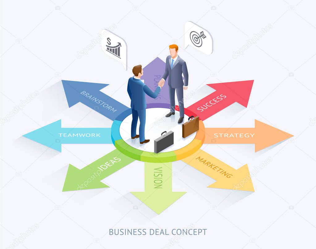 Businessman handshake together on top arrow infographics background