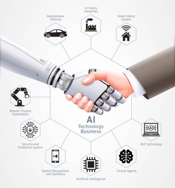  Ai robot ve iş adamı birlikte el sıkışınıyor. Vektör illüstrasyon tasarımı.