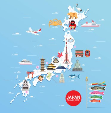 Tokyo kulesi ile Japonya ünlü yerler seyahat haritası, fuji mountai