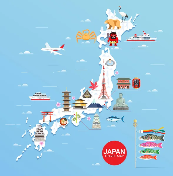 Ιαπωνία διάσημα σημεία ενδιαφέροντος ταξιδιωτικό χάρτη με Πύργος του Τόκιο, Fuji Μουτάι — Διανυσματικό Αρχείο