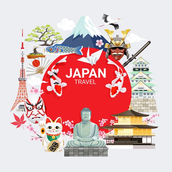 Japan famous landmarks travel background with tokyo tower, fuji — Stock Vector