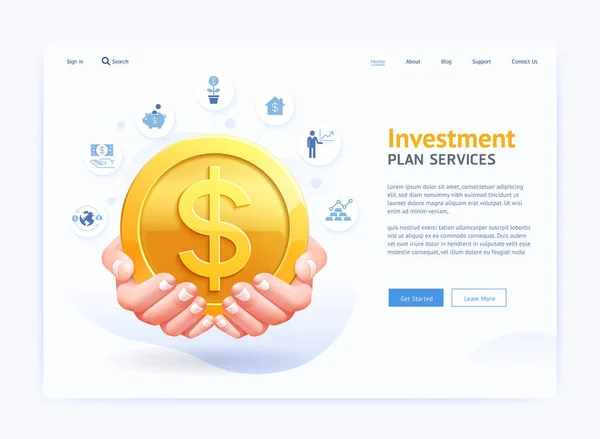 Site Web d'entreprise de page numérique design UI. Main tenant des pièces d'or — Image vectorielle