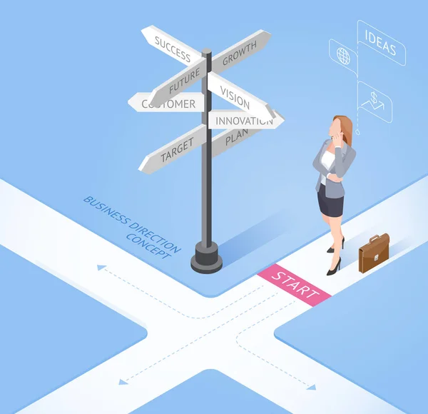 Business woman standing at a crossroad and looking directional signs arrows. — Stock Vector