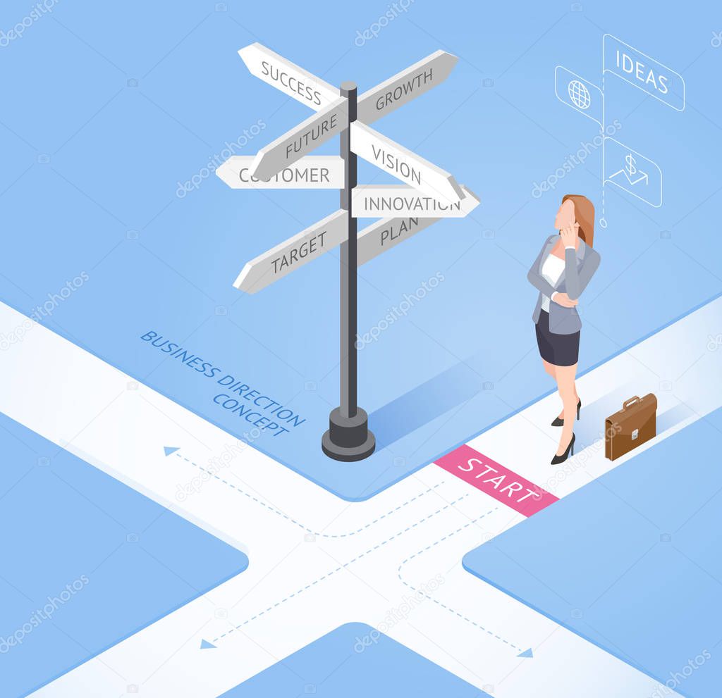 Business woman standing at a crossroad and looking directional signs arrows.