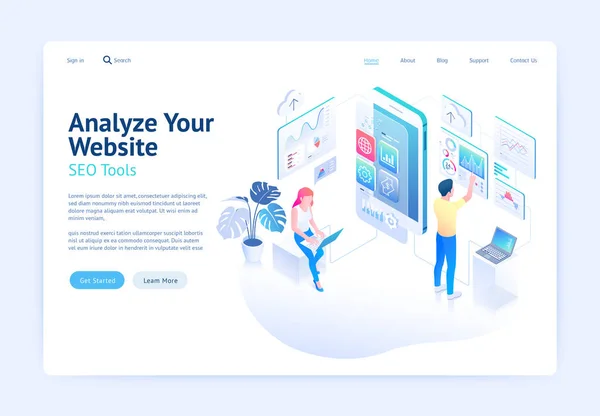 Analysieren website anwendung entwicklung vektor isometrische — Stockvektor