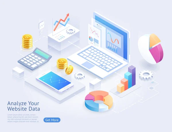 Analizar sitio web desarrollo de aplicaciones vector isométrico — Archivo Imágenes Vectoriales