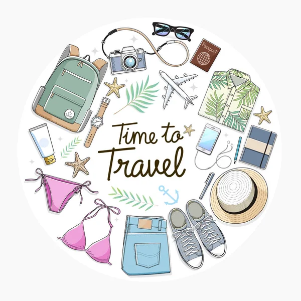 Time to travel concept. Travel objects flat lay drawing style — Stock Vector