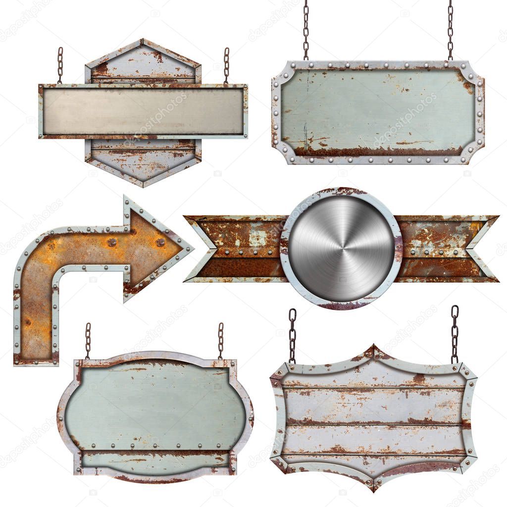 Set of old metal steel sign isolated on white background