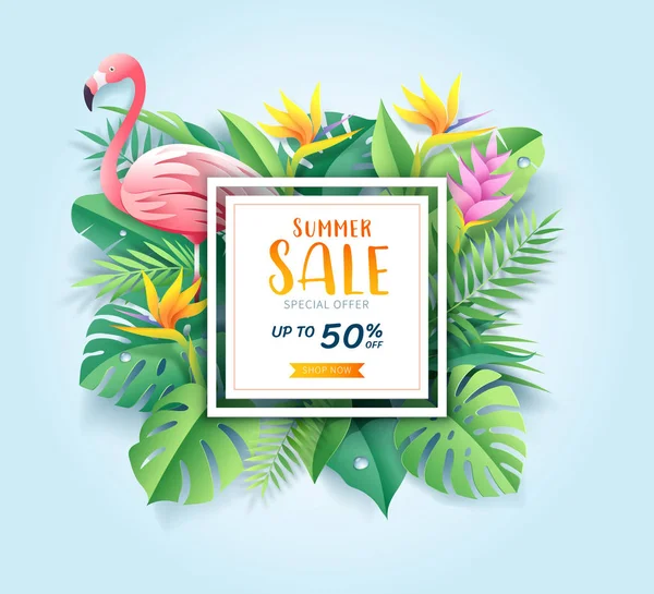 Summer sale card with pink flamingo on tropical leaf paper cut b — Stock Vector