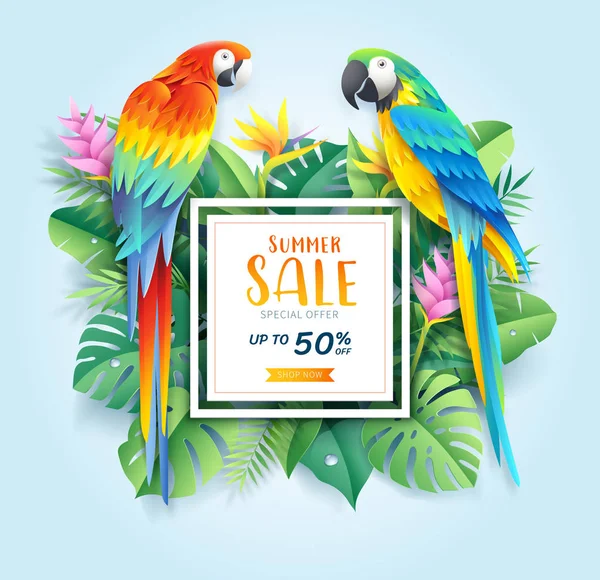 Tarjeta de venta de verano con guacamayo escarlata y azul en hoja tropical pa — Vector de stock