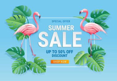 Tropik yaprak kağıdında iki pembe flamingo olan yaz indirimi kartı. 