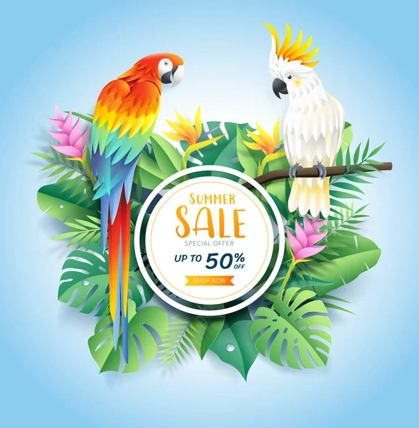 Summer sale card with cockatoo scarlet macaw on tropical leaf — Stock Vector