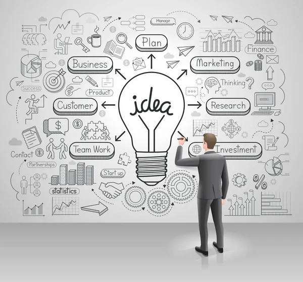 Businessman drawing business idea light bulb on wall. — 스톡 벡터