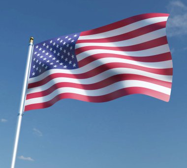 Mavi gökyüzü arka planında Amerikan bayrağı. 3B resimleme.