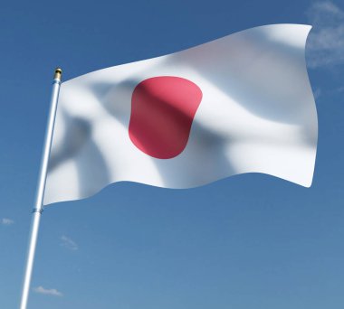 Mavi gökyüzü arka planında Japon bayrağı ve kesme yolu 3D illüstrasyon. 3B resimleme.
