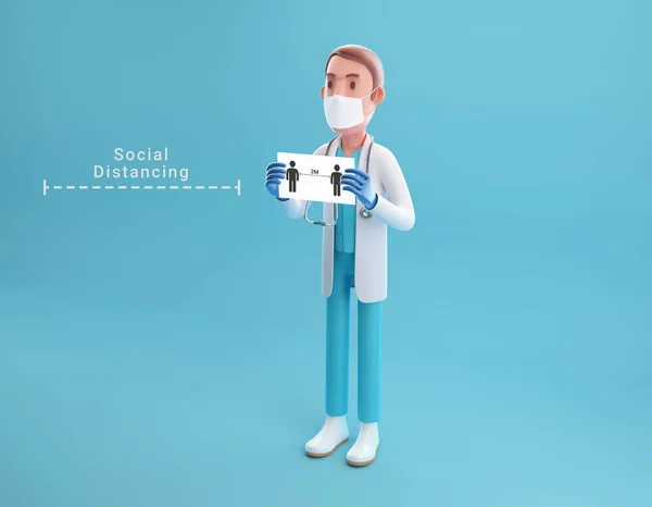 紙と3Dイラスト漫画のキャラクタードクターは 手にテキストの社会的距離を持っています 3Dレンダリング — ストック写真