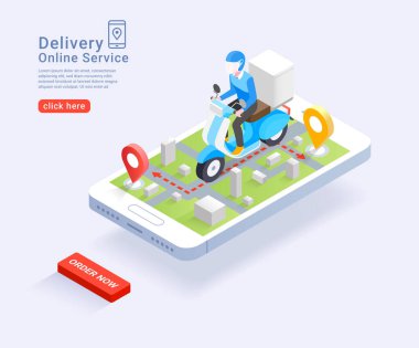 Scooter Isometric konseptiyle teslimat servisi çevrimiçi. Vektör İllüstrasyonu.