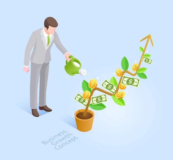 Business Growth Concept Business Man Pot Watering Money Tree Vector — Stock Vector