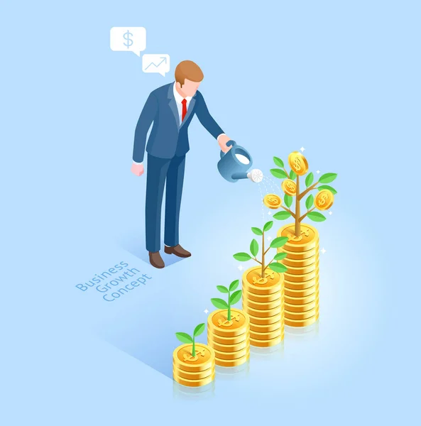 Business Growth Concept Business Man Pot Watering Money Tree Vector — Stock Vector