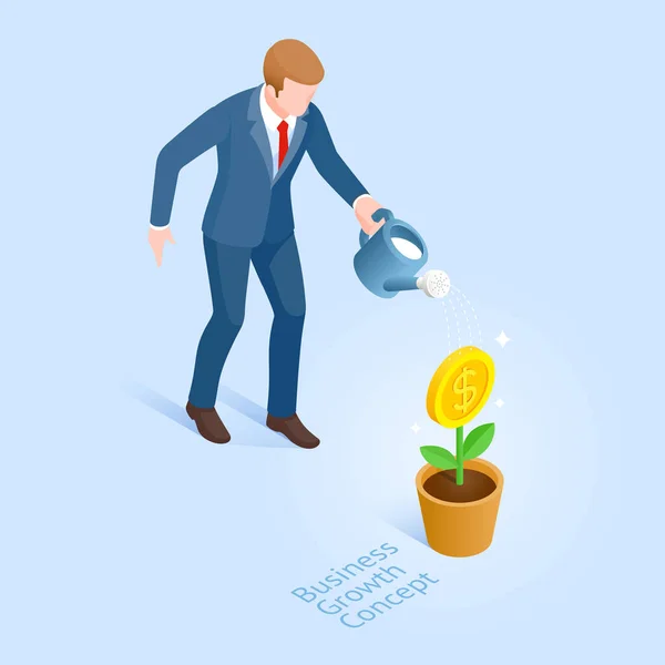 Business Growth Concept Business Man Pot Watering Money Tree Vector — Stock Vector