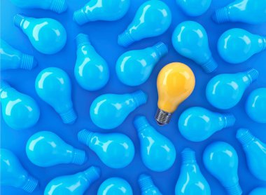 Mavi ampuller arasında olağanüstü parlayan sarı ampul kesme yolu ile 3D illüstrasyon. 3B görüntüleme