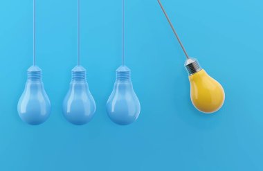 Mavi ampuller arasında olağanüstü parlayan sarı ampul kesme yolu ile 3D illüstrasyon. 3B görüntüleme