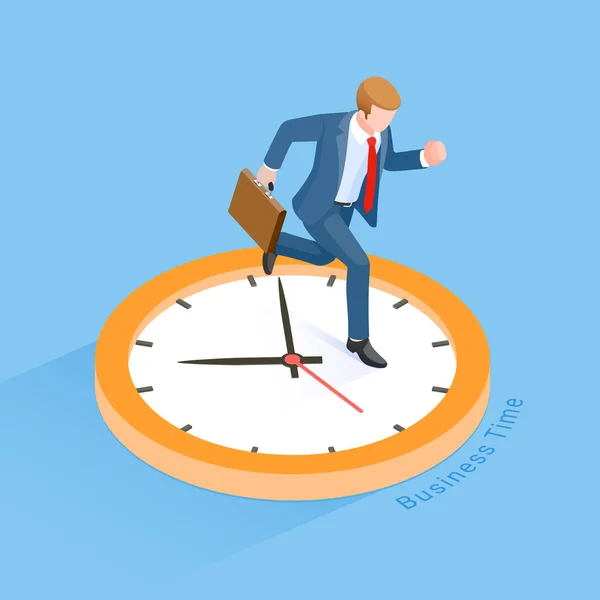 営業時間の概念 ビジネスマンは時計を持って走っている 等方ベクトル図 — ストックベクタ