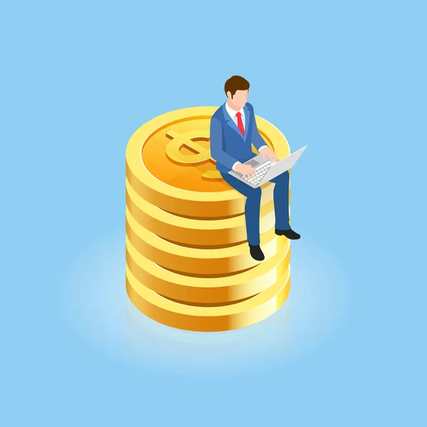 Businessman Sitting Gold Coins Isometric Vector Illustration — Stock Vector