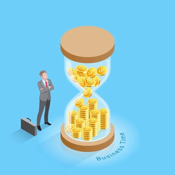 Business Time Management Concepts Businessman Standing Looking Sandglass Hourglass Isometric — Stock Vector