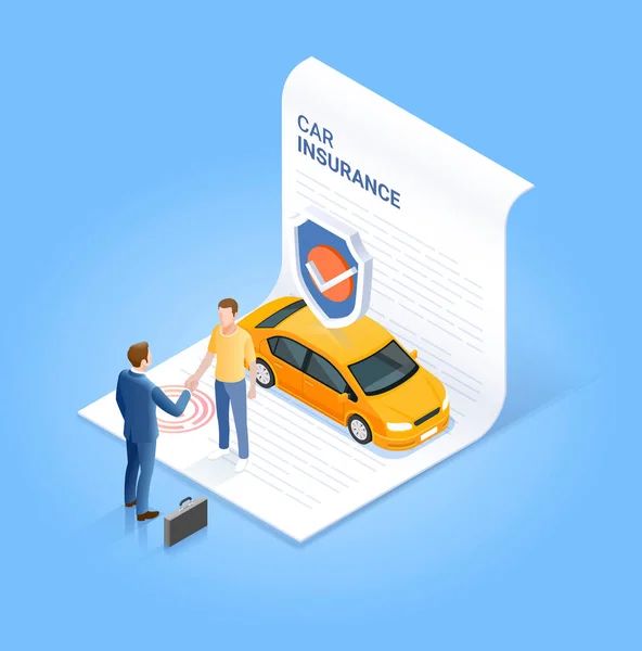 Autoversicherung Geschäftsmann Beim Händeschütteln Mit Dem Kunden Auf Dem Versicherungsvertragsdokument — Stockvektor