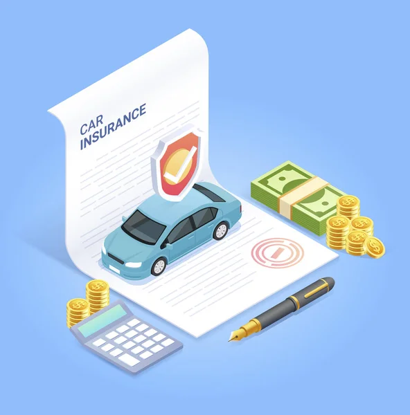 Servicios Seguros Automóviles Documento Contrato Seguro Con Moneda Dinero Pluma — Vector de stock