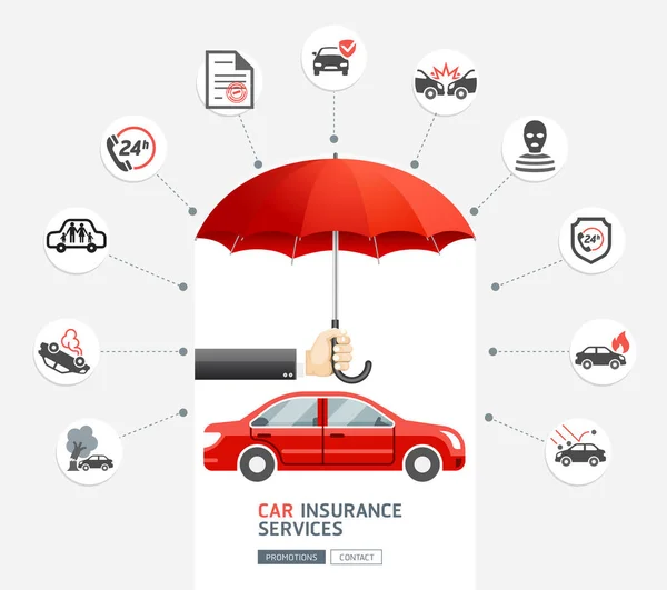 Servicios Seguros Automóviles Mano Del Hombre Negocios Sosteniendo Paraguas Rojo — Vector de stock