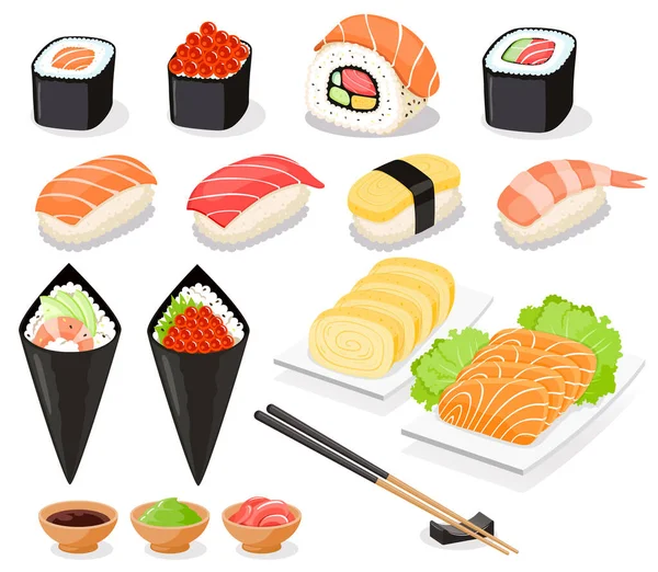 Sushi Kollektion Asia Food Ikonen Vektorillustrationen — Stockvektor