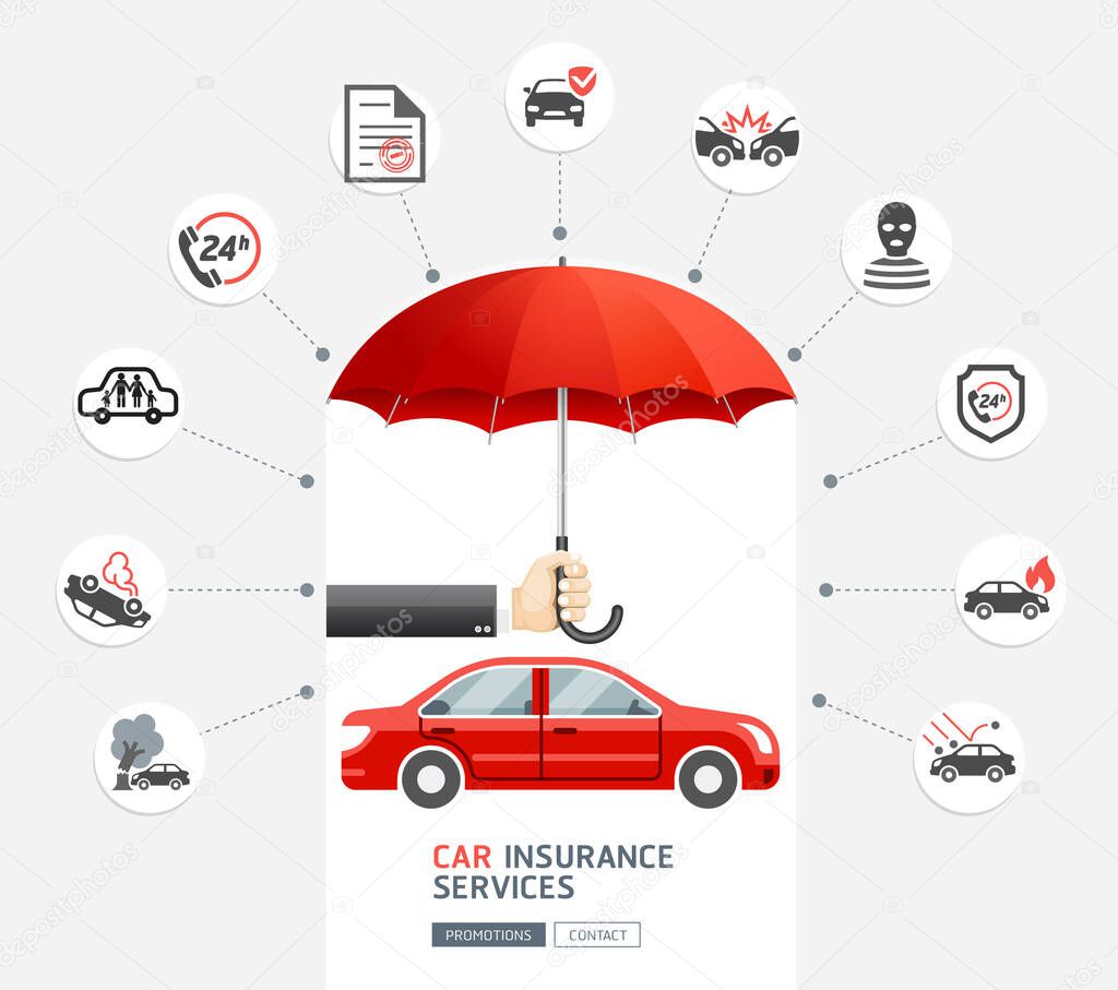 Car insurance services. Hand of business man holding the red umbrella to protect red car. Vector illustration.