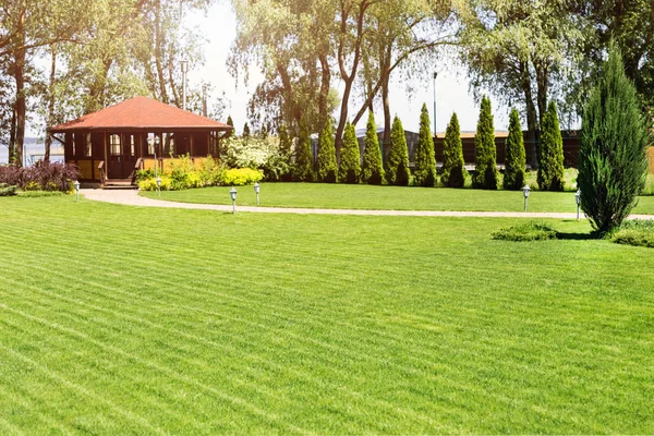 Frisch gemähter grüner Rasen am Landhaus mit Gartenlaube. Hecke aus frischen Zedern. Konzept Landschaftsplanung und Gartenbau — Stockfoto