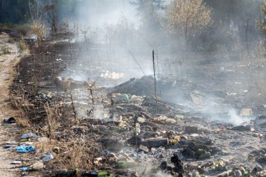 Yanan çöp, forest yakınındaki yasadışı atık dumo. Kara toprağı ve ağır önemsiz duman. Çevre kirliliği sonrası kavramı.
