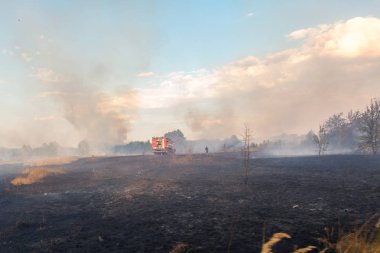 Kuru rüzgarlı hava nedeniyle orman orman yangını. İtfaiye itfaiye alev, mavi gökyüzü işleme ile ağır zehirli dumanla kaplı.