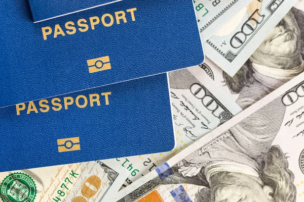 Three Biometrical International Passports Money Background Blue Travel Documents Lying — Stock Photo, Image