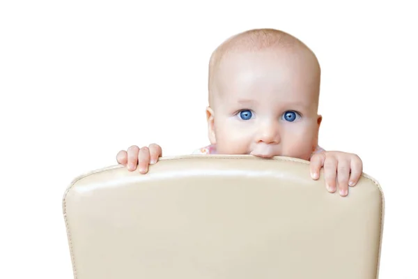 Little Cute Baby Boy Big Blue Eyes Biting Back Chair — Stock Photo, Image