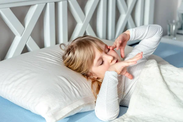 Cute Little Blond Caucasian Girl Awakening Bed Morning Child Wake — Stock Photo, Image