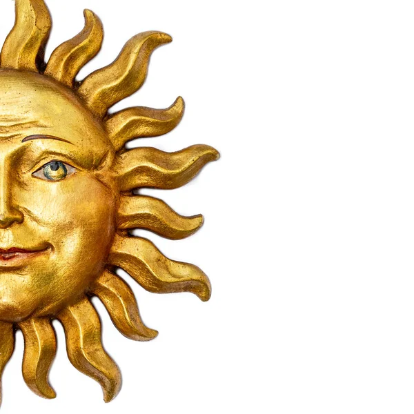 Half Part Golden Sun Face Symbol Sunrays Isolated White Wooden — Stock Photo, Image